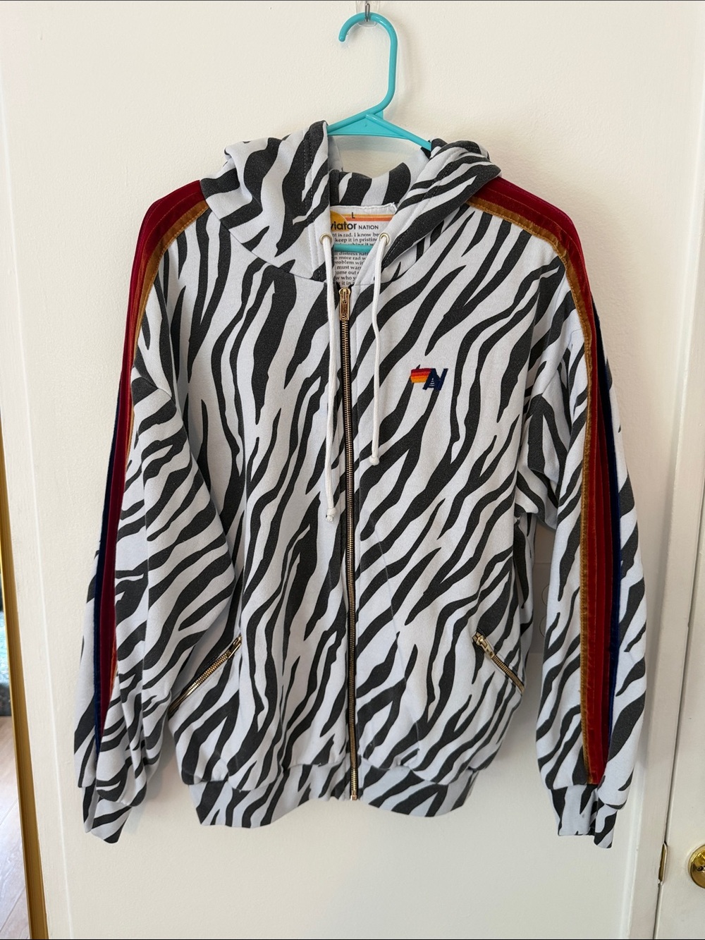 Aviator Nation Zebra-Print Hooded Jacket with Red Velvet Stripe
